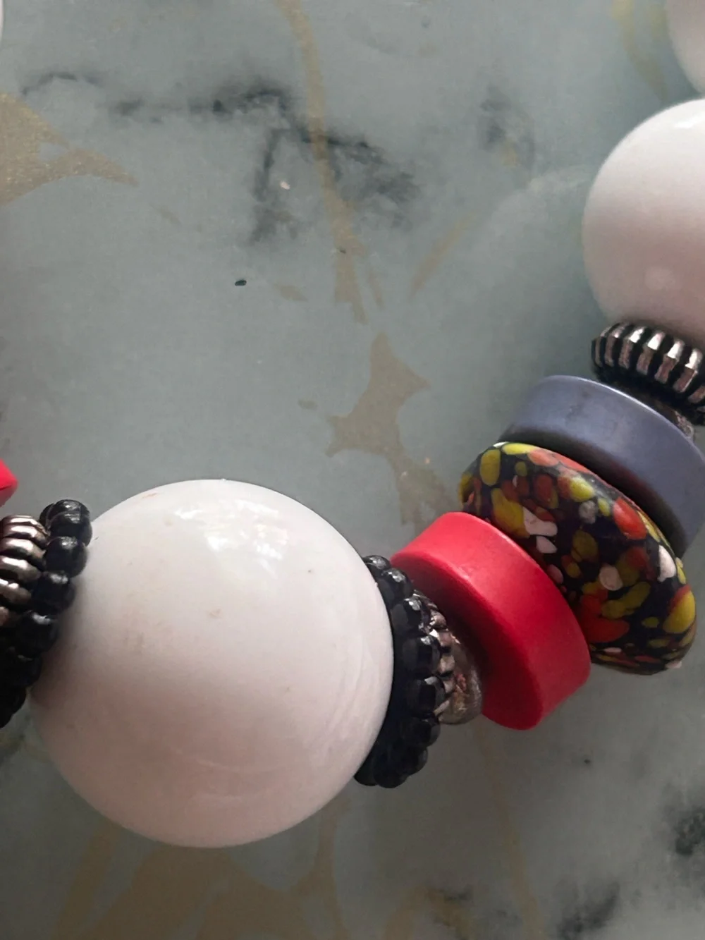 Vintage Statement Beaded Necklace White Beads Artisan Boho Chunky 19” Multicolor